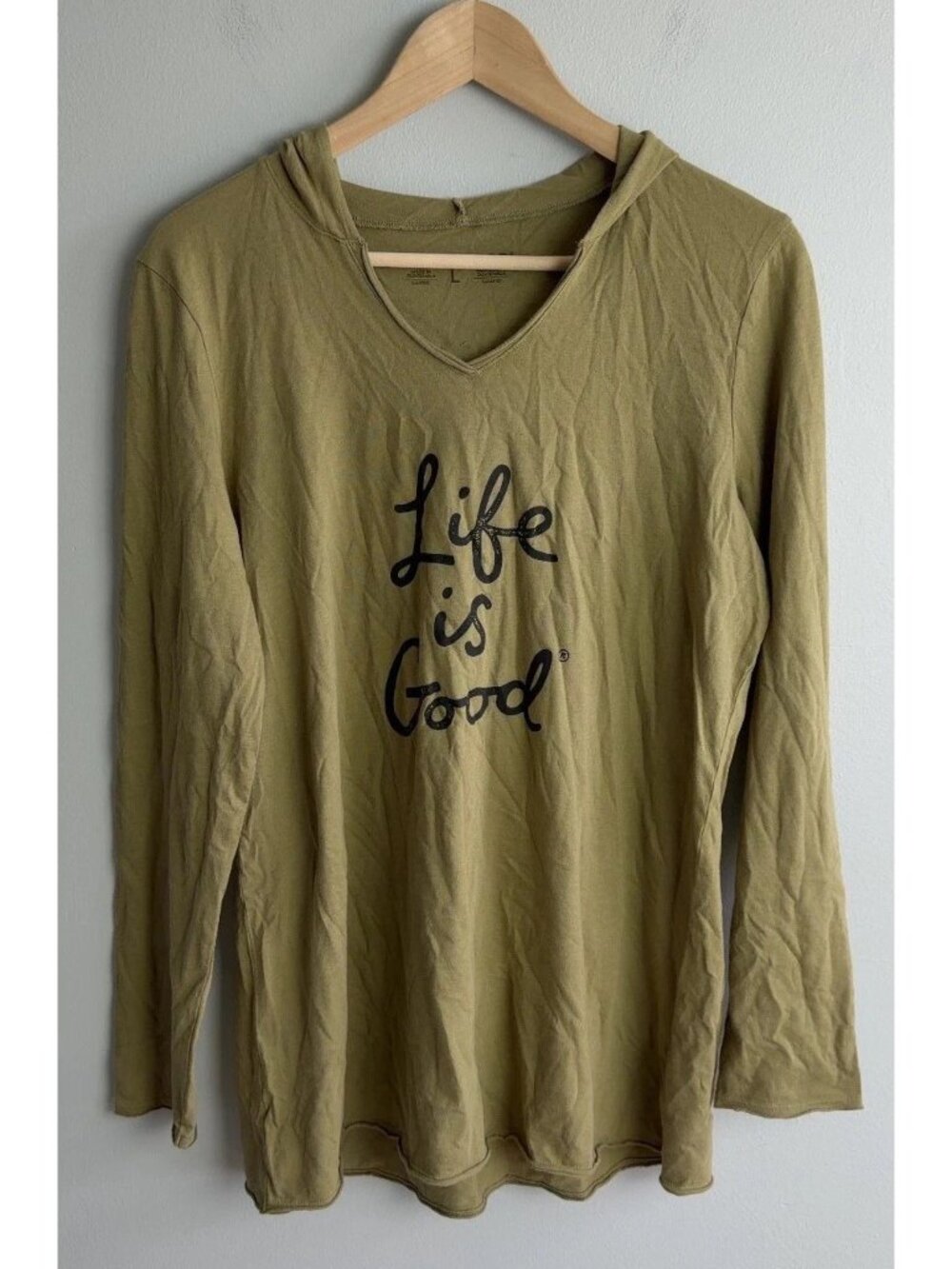 Life is Good Olive Green Long Sleeve V-Neck Hooded Shirt Size Large Women’s